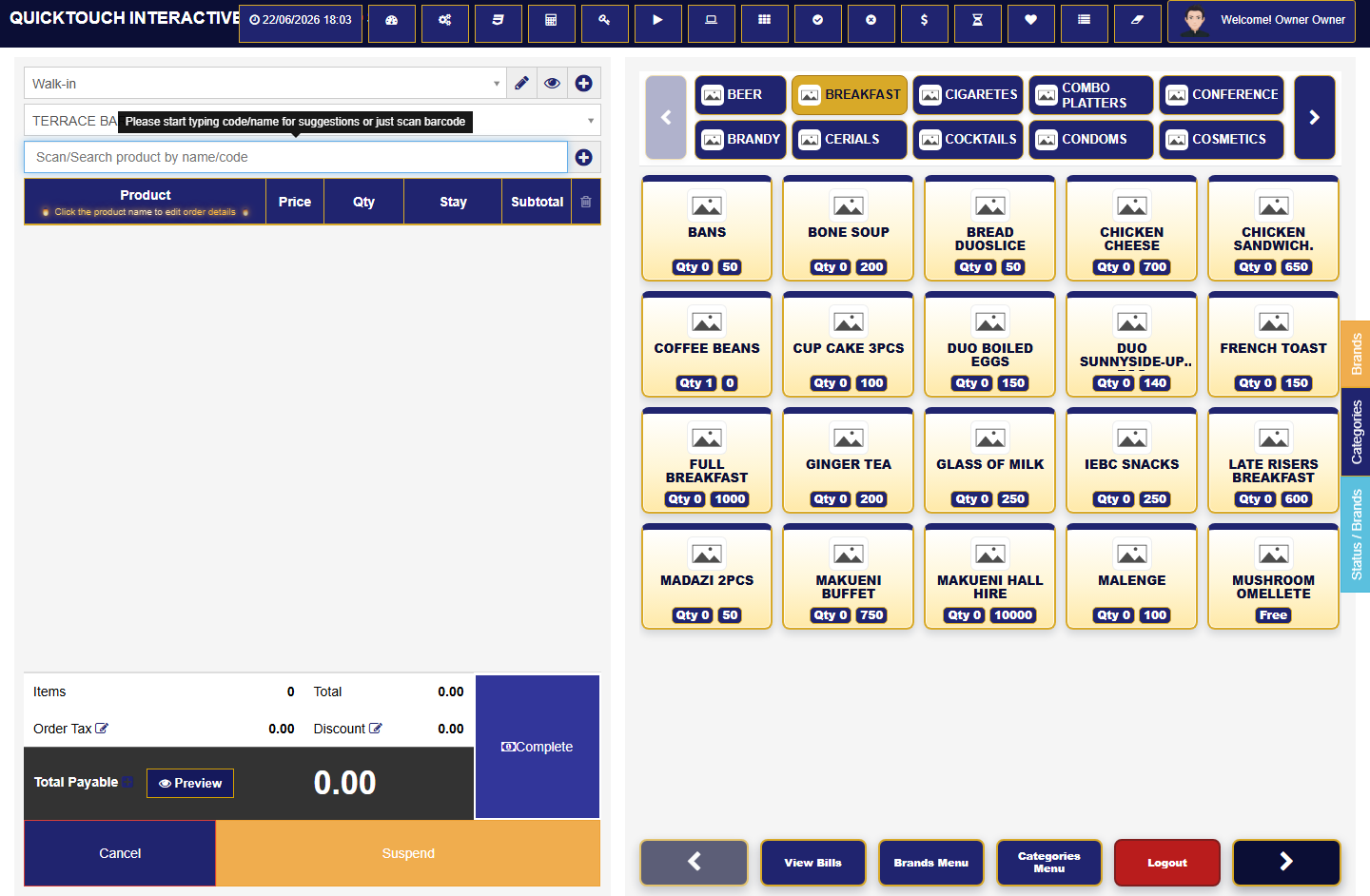 QuickTouch tenant POS selling screen