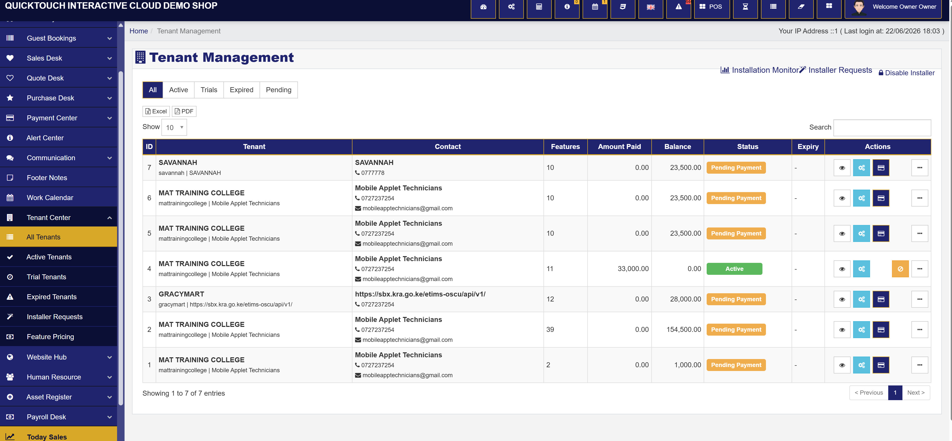 Tenant management screen
