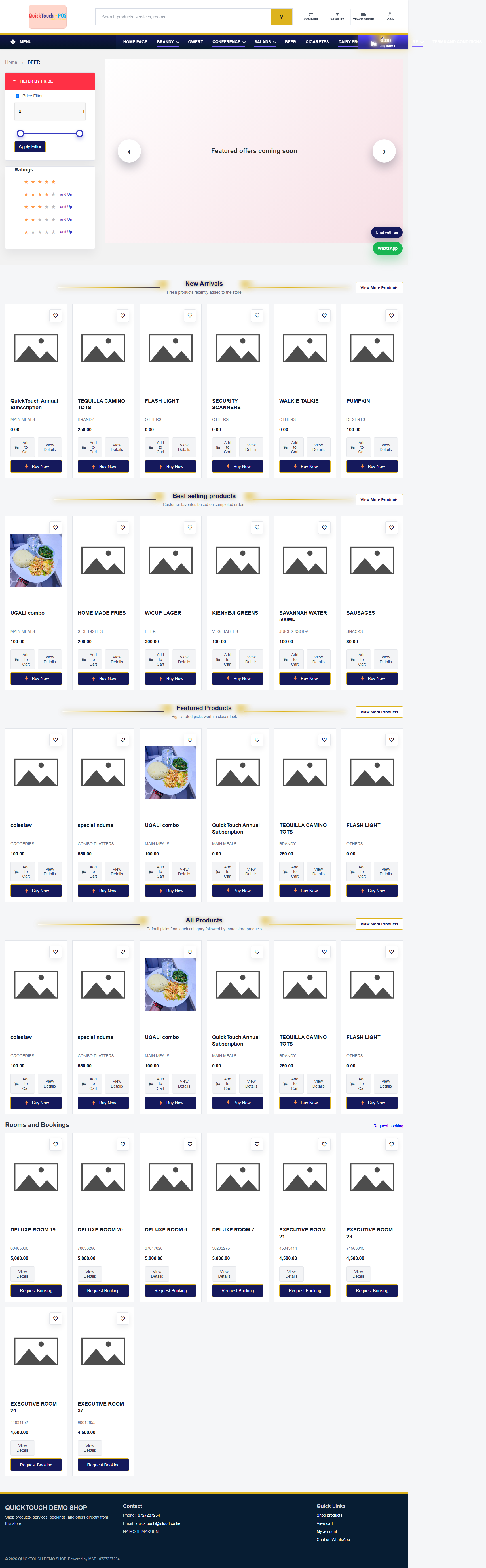 QuickTouch ecommerce storefront with product cards and room bookings